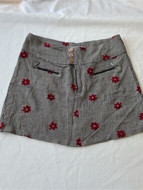Esprit Black & White Gingham Mini Skirt with Red Floral Motif